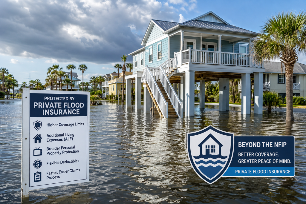 Elevated coastal home in Florida protected by private flood insurance with floodwater surrounding the property after a hurricane.