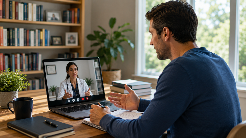 Professional attending a virtual medical appointment from home while discussing health and work limitations with a doctor.