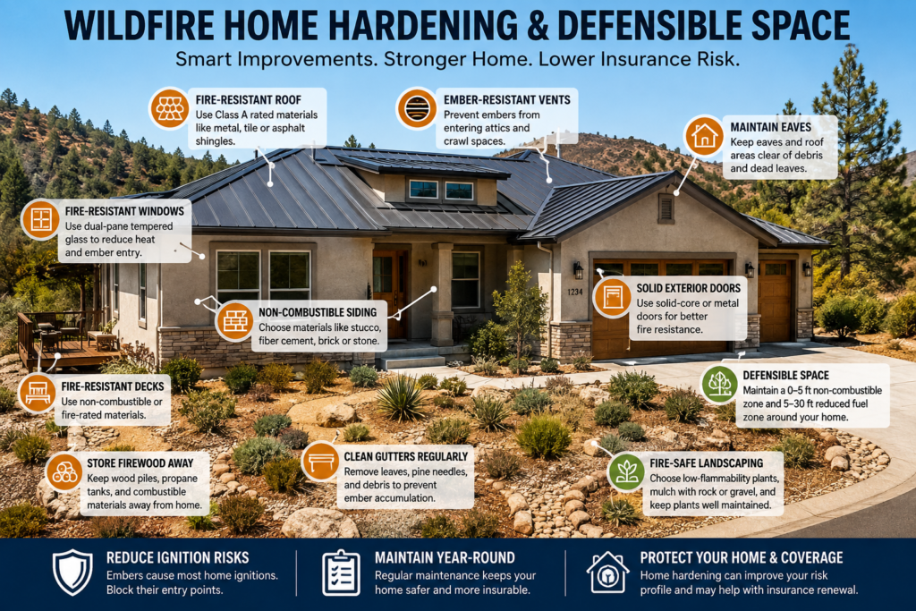 California home with fire-resistant roof, ember-resistant vents, and defensible space demonstrating wildfire home hardening for insurance risk reduction.