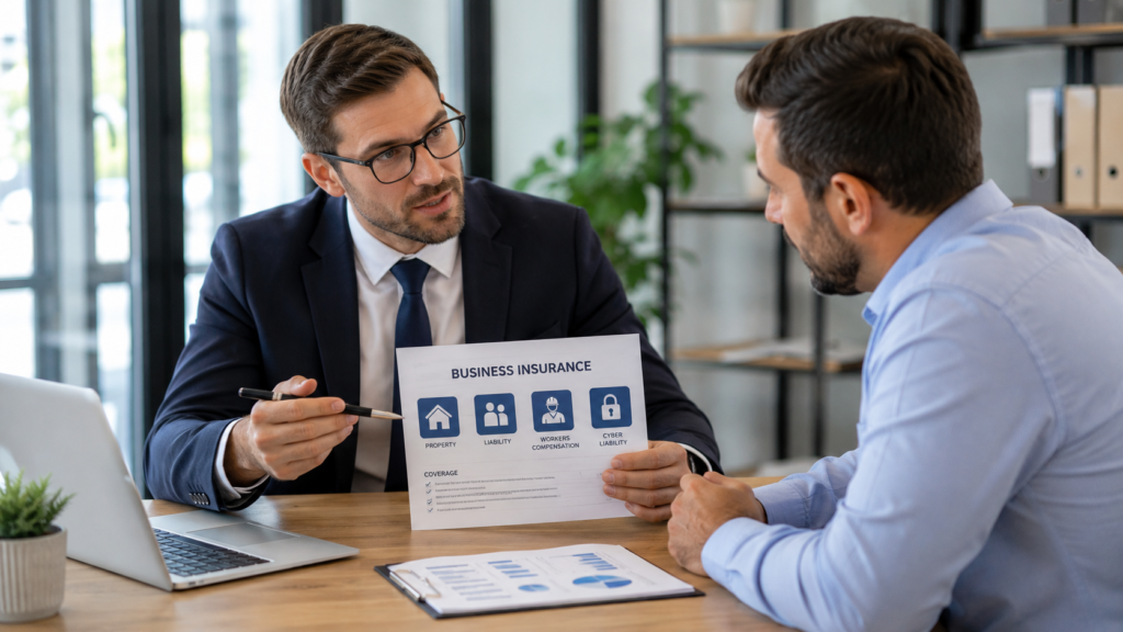 Business insurance advisor explaining commercial insurance coverage to a small business owner during a professional consultation