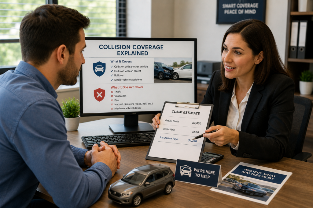 Business owner reviewing commercial property insurance coverage with an insurance advisor while discussing protection for office buildings, equipment, and inventory.