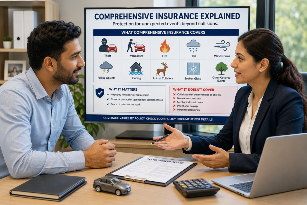 Car owner discussing comprehensive auto insurance coverage for theft, hail, fire, flooding, and falling objects with an insurance advisor.