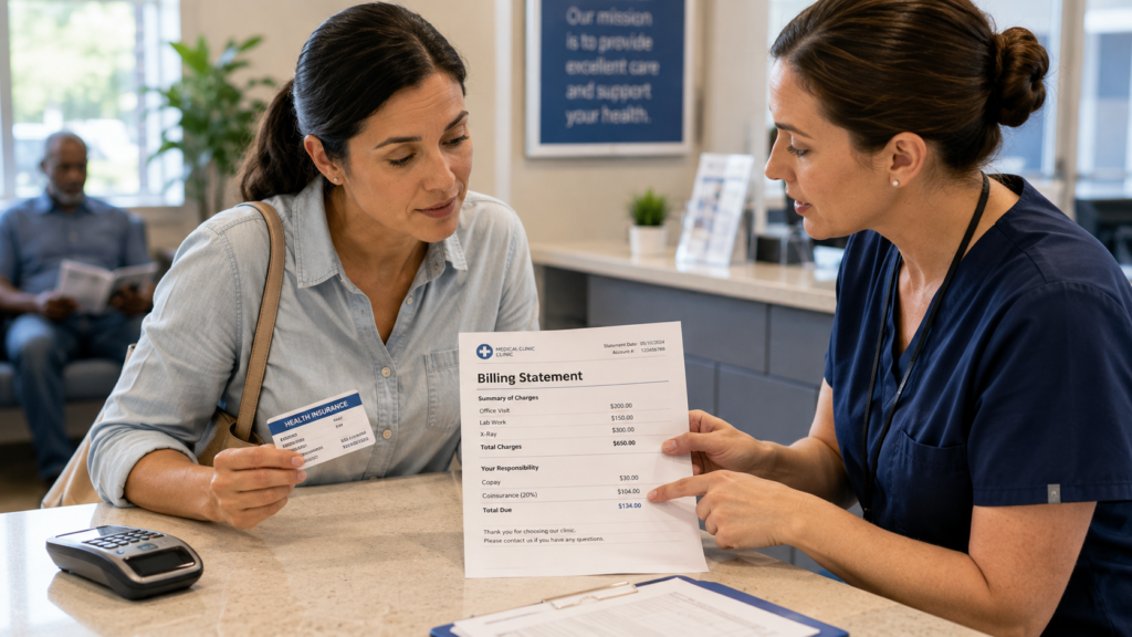Patient reviewing a medical bill and health insurance statement to understand the difference between copays and coinsurance.