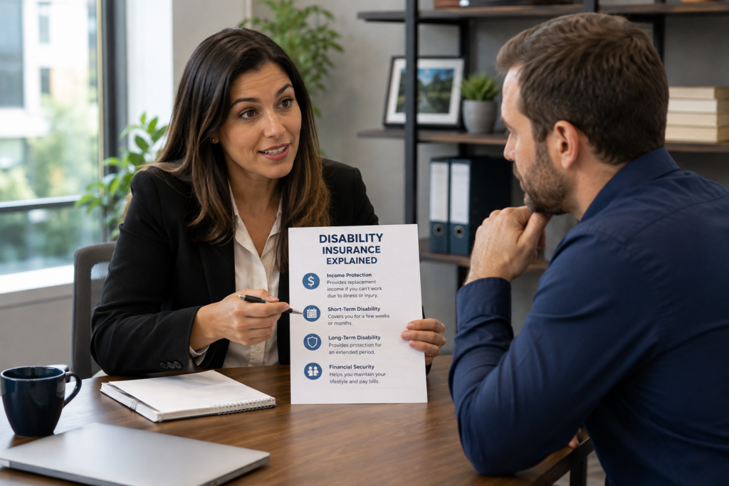 Disability insurance advisor explaining income protection coverage to a client during a professional consultation