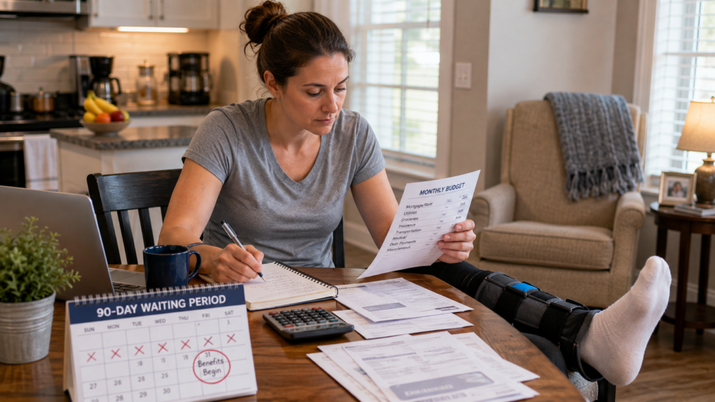Employee reviewing a calendar and household finances while preparing for the waiting period before disability insurance benefits begin.