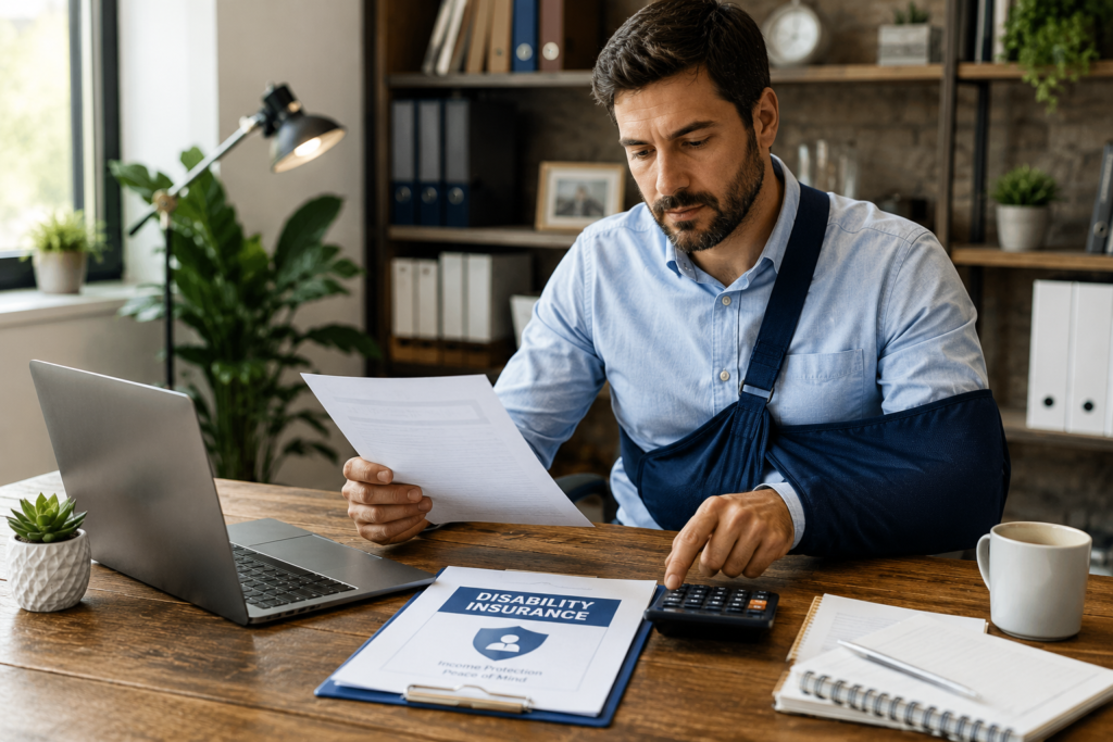 Employee reviewing employer disability insurance benefits, short-term and long-term disability coverage, and income replacement with a workplace benefits advisor.