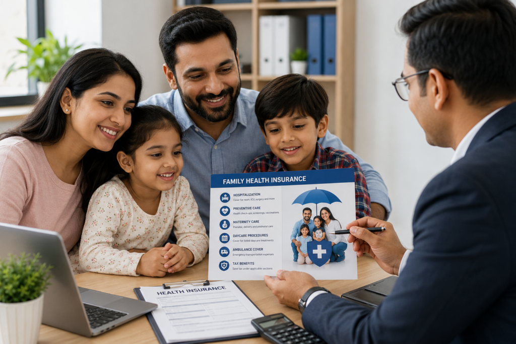 Family meeting with a healthcare insurance advisor to review family health insurance coverage options and medical benefits.