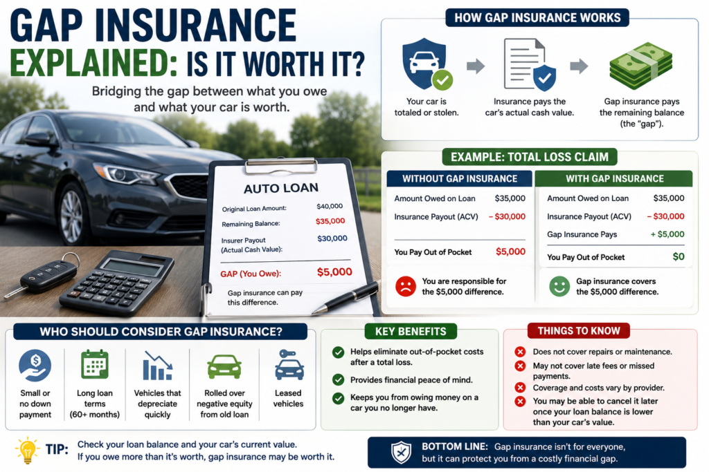 Car owner reviewing an auto loan balance and vehicle value to understand whether gap insurance is worth purchasing.