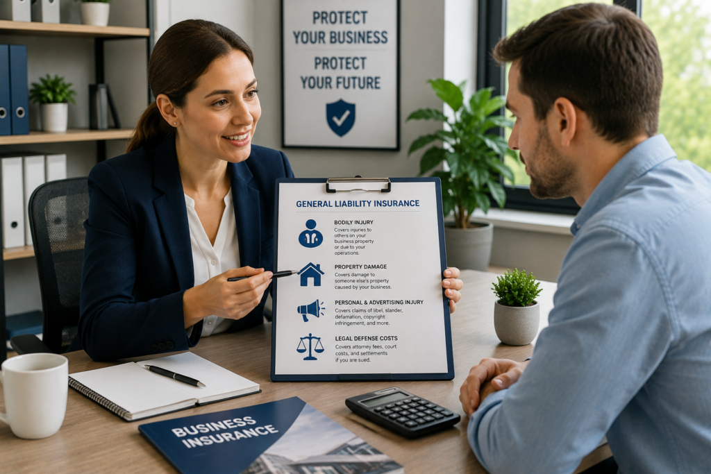 Business insurance advisor explaining general liability insurance coverage to a small business owner during a professional consultation.