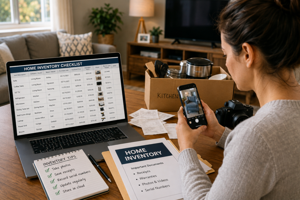 Homeowner creating a digital home inventory checklist by photographing valuable household items and organizing receipts for insurance purposes.