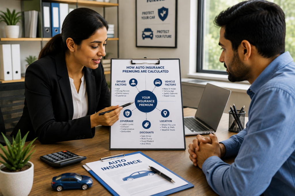Auto insurance advisor explaining how car insurance premiums are calculated to a driver during a professional consultation.