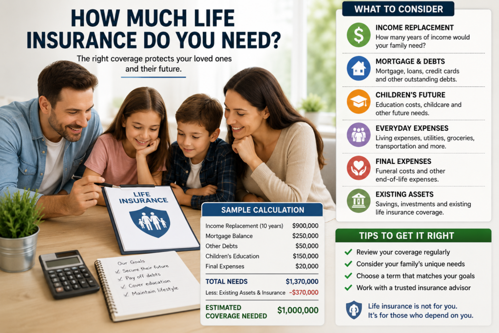 Family reviewing how much life insurance they may need based on income, mortgage, children, debts, education costs, and savings.