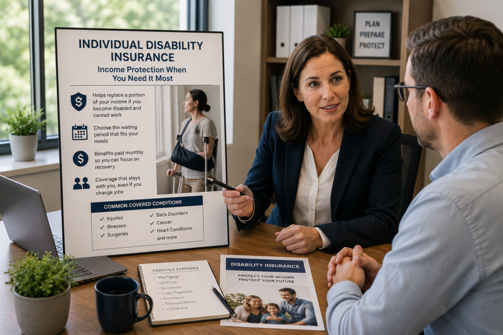 Financial advisor discussing individual disability insurance and income protection options with a professional client during a consultation.