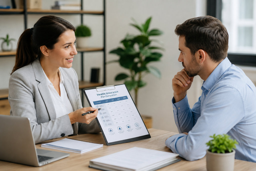 Health insurance advisor explaining individual health insurance coverage options to a client during a professional consultation.