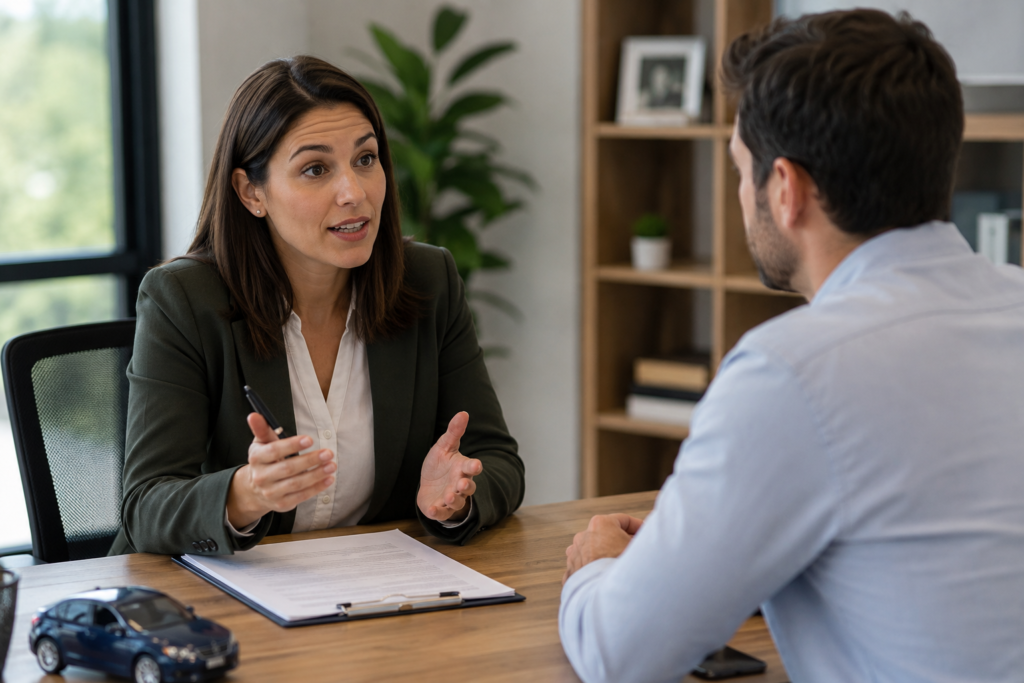 Insurance advisor explaining liability vs. full coverage auto insurance to a customer