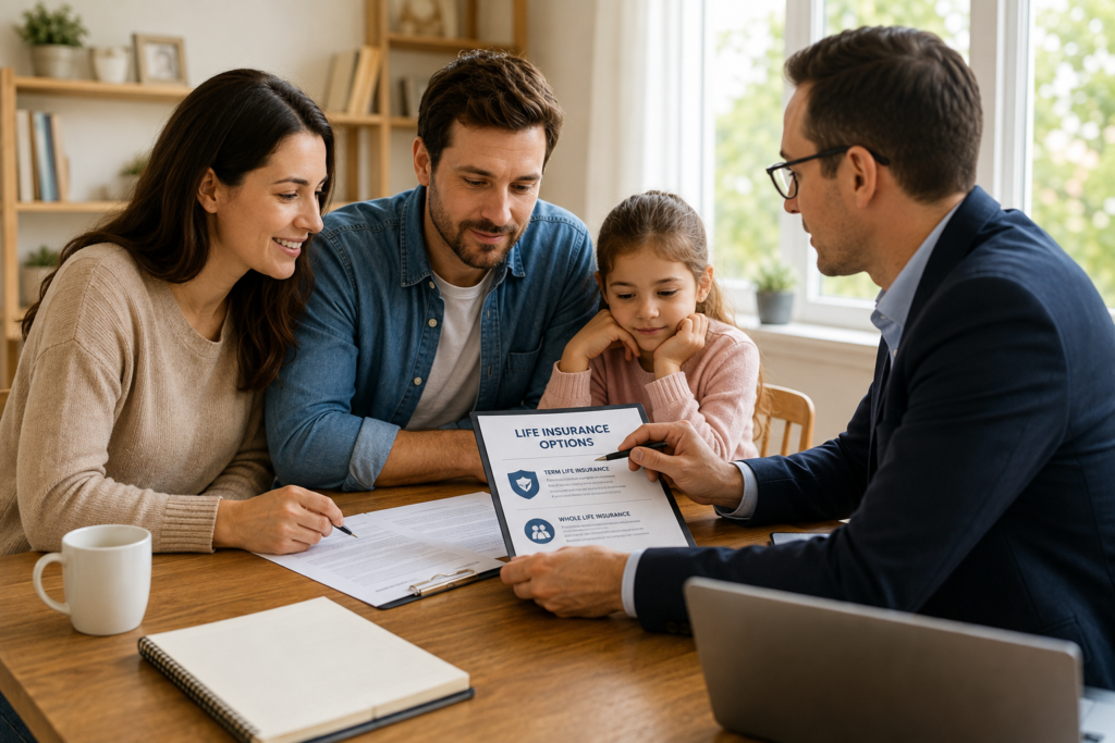 Young parents meeting with a life insurance advisor while reviewing life insurance options to protect their growing family.