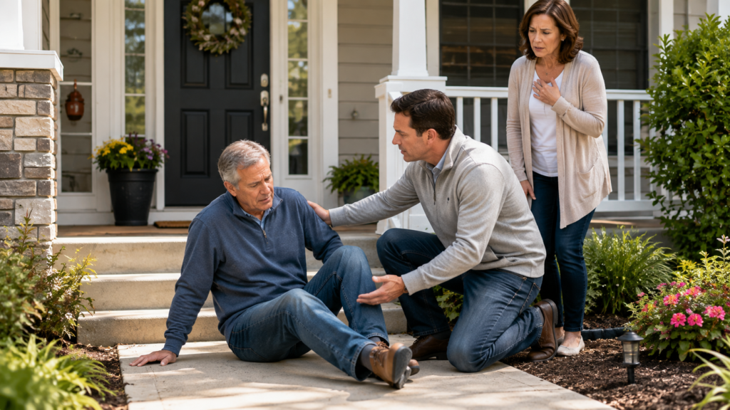 Homeowner helping a guest after a minor accidental fall at home, illustrating personal liability insurance protection.