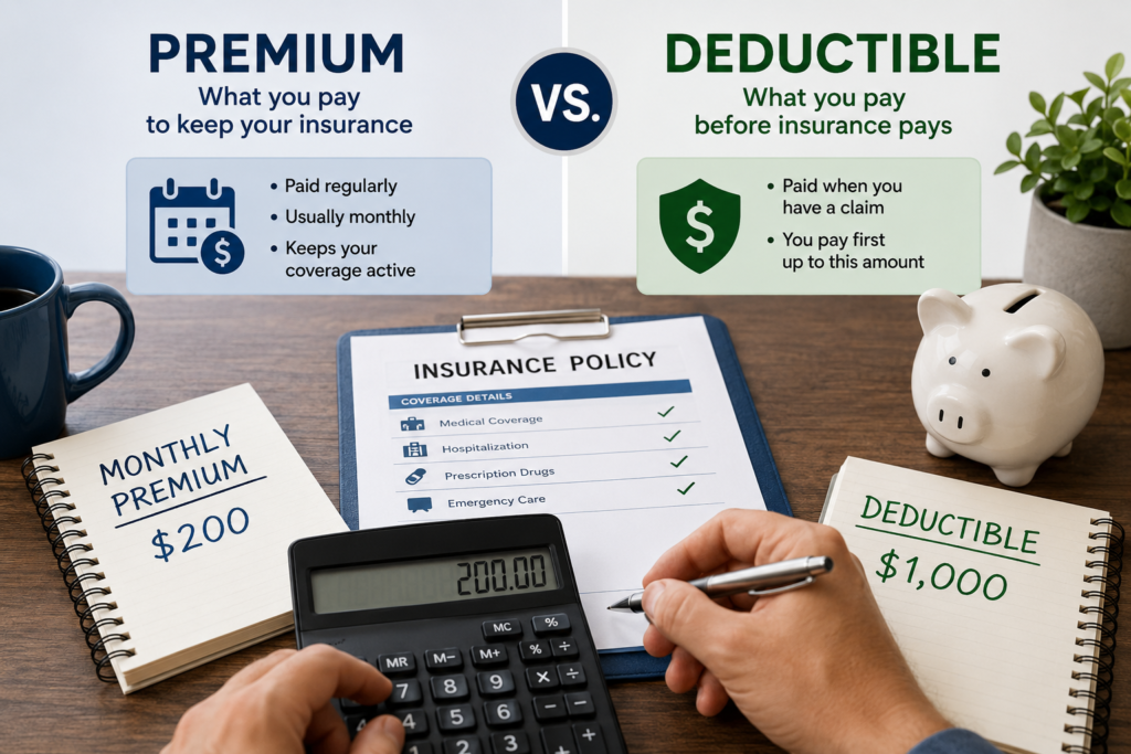 Consumer comparing insurance premiums and deductibles while reviewing monthly costs and potential out-of-pocket expenses.