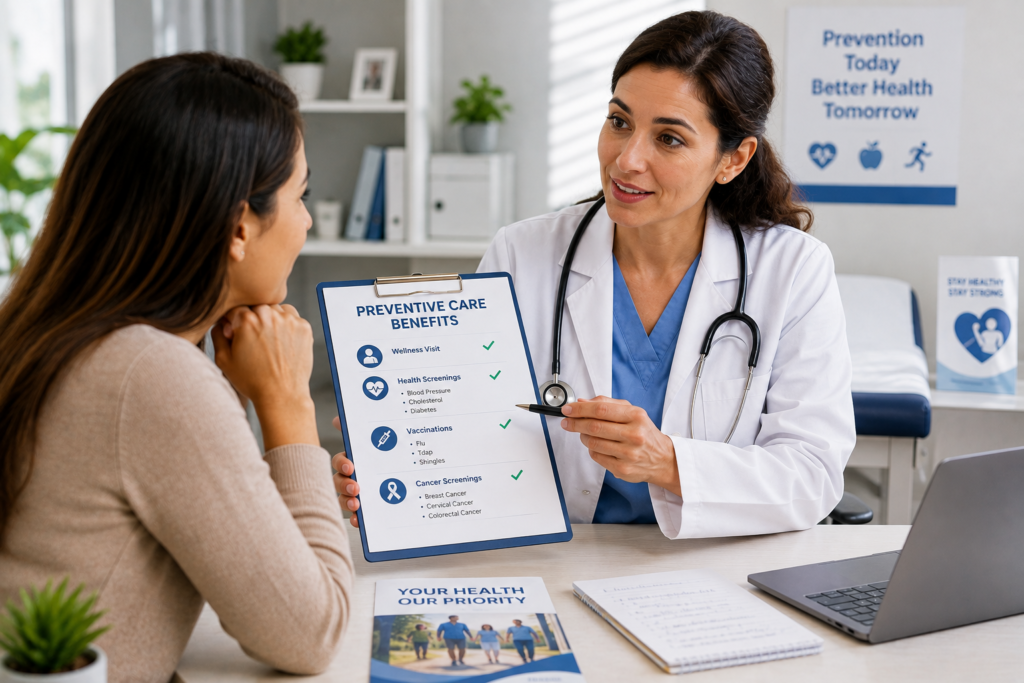 Healthcare professional discussing preventive care benefits, wellness screenings, and health insurance coverage with a patient during an annual wellness visit.