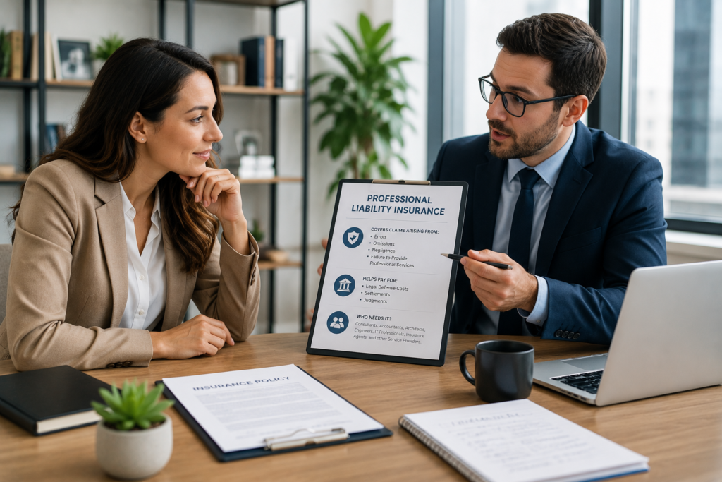 Business consultant meeting with a client while reviewing professional liability insurance documents in a modern office.