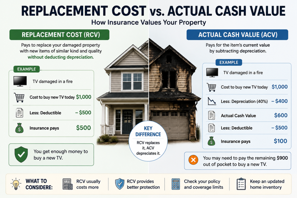 Homeowner comparing replacement cost and actual cash value while reviewing a homeowners insurance claim for damaged household property.