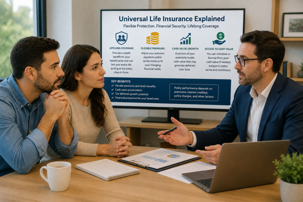 Life insurance advisor explaining universal life insurance, flexible premiums, cash value, and permanent coverage to a couple.