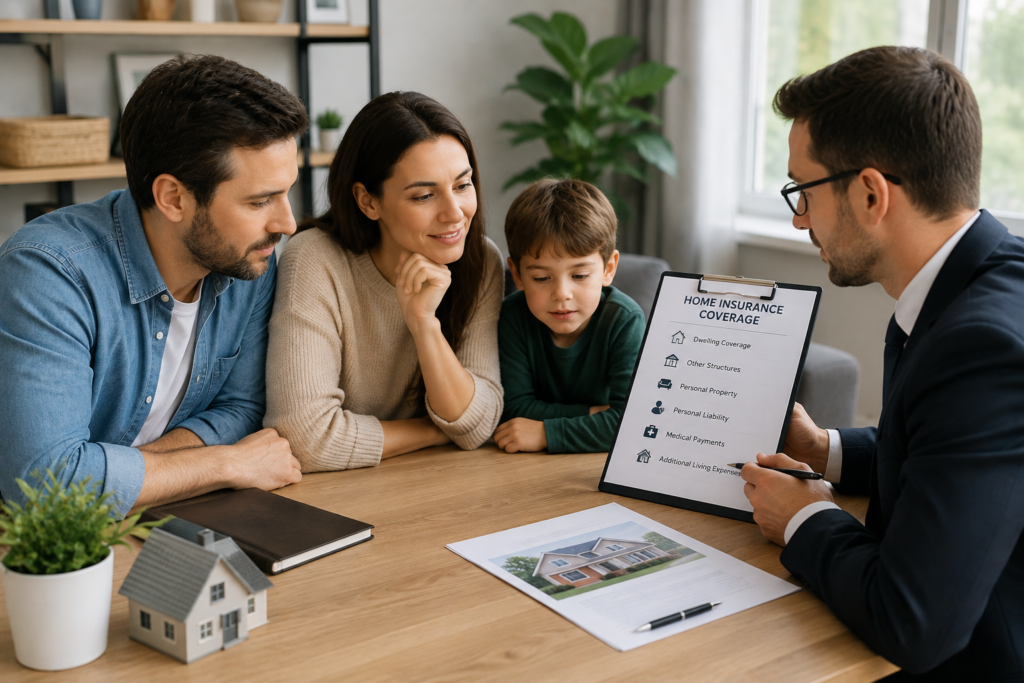 Home insurance advisor explaining homeowners insurance coverage options to a family during a professional consultation.