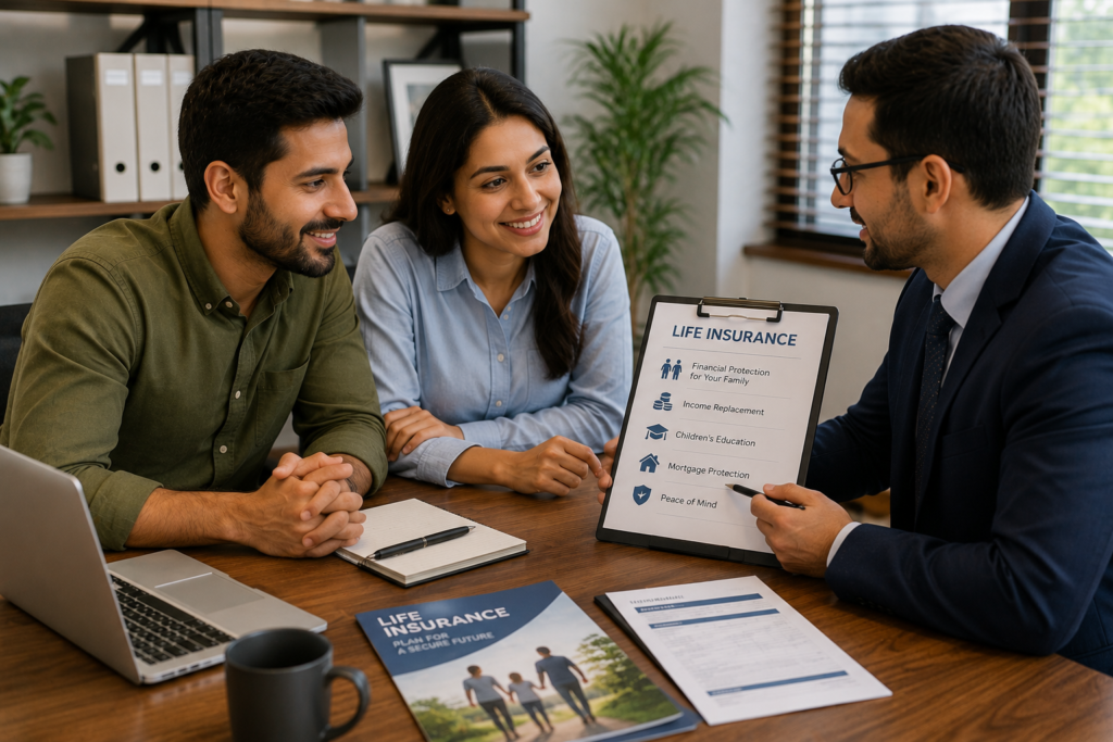 Life insurance advisor discussing financial protection options with a young family during a professional consultation.