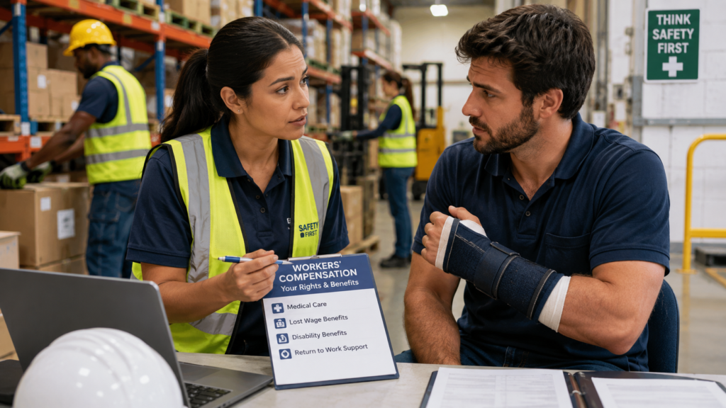 Warehouse employee and workplace safety manager discussing workers' compensation after a minor work-related injury.