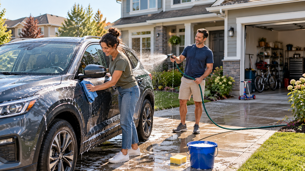 Homeowner comparing auto and home insurance costs while washing the family car in the driveway