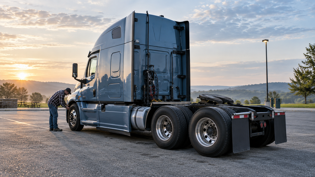 Owner-operator inspecting a semi tractor without a trailer at a roadside stop