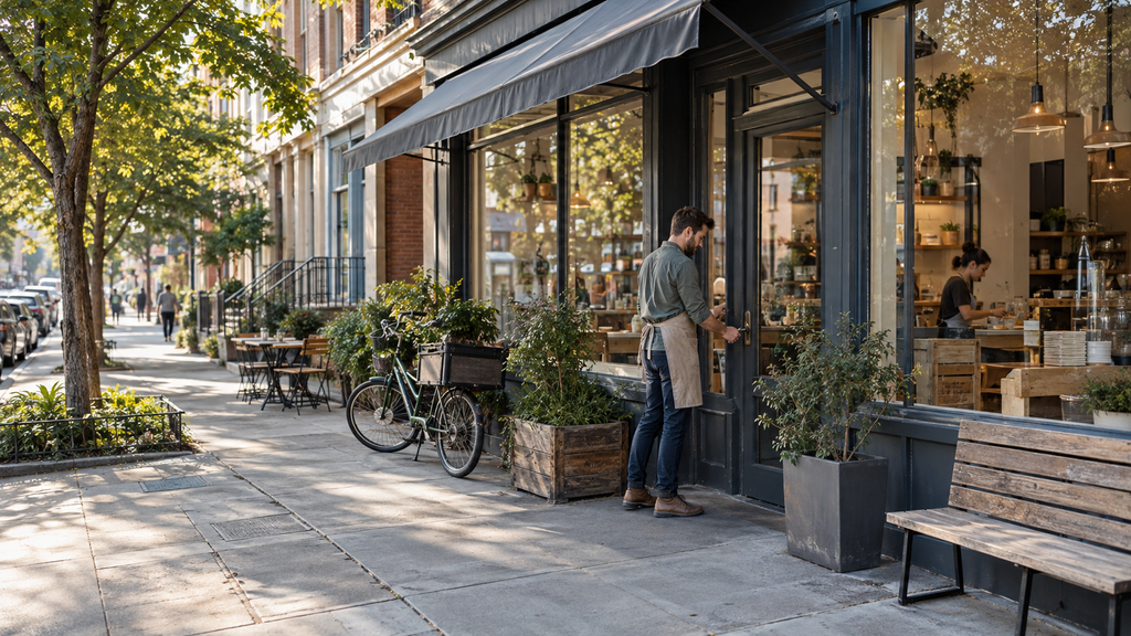 Café owner opening a small storefront while an employee prepares the business inside