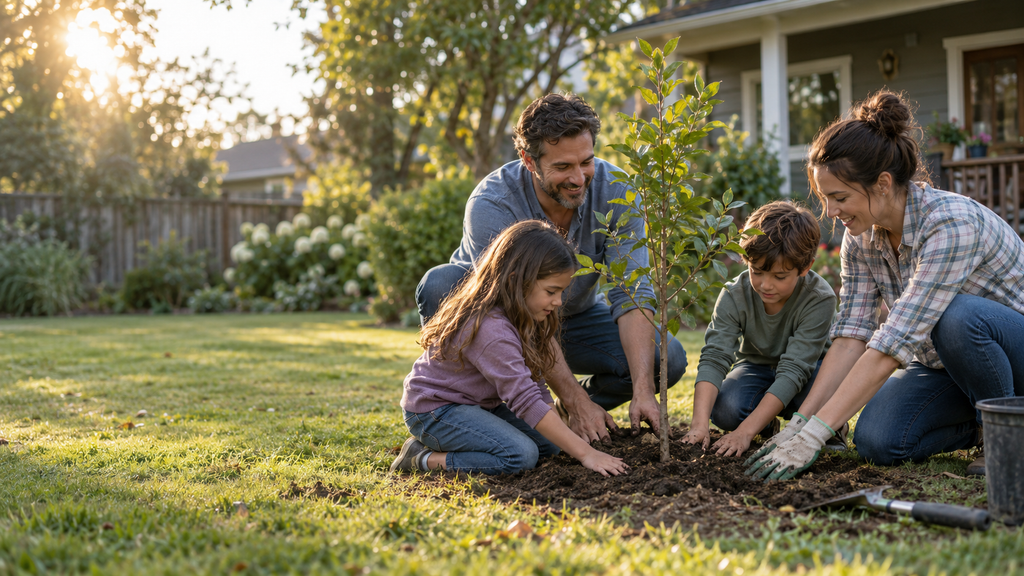 Family planting a young tree together while planning for their long-term financial future