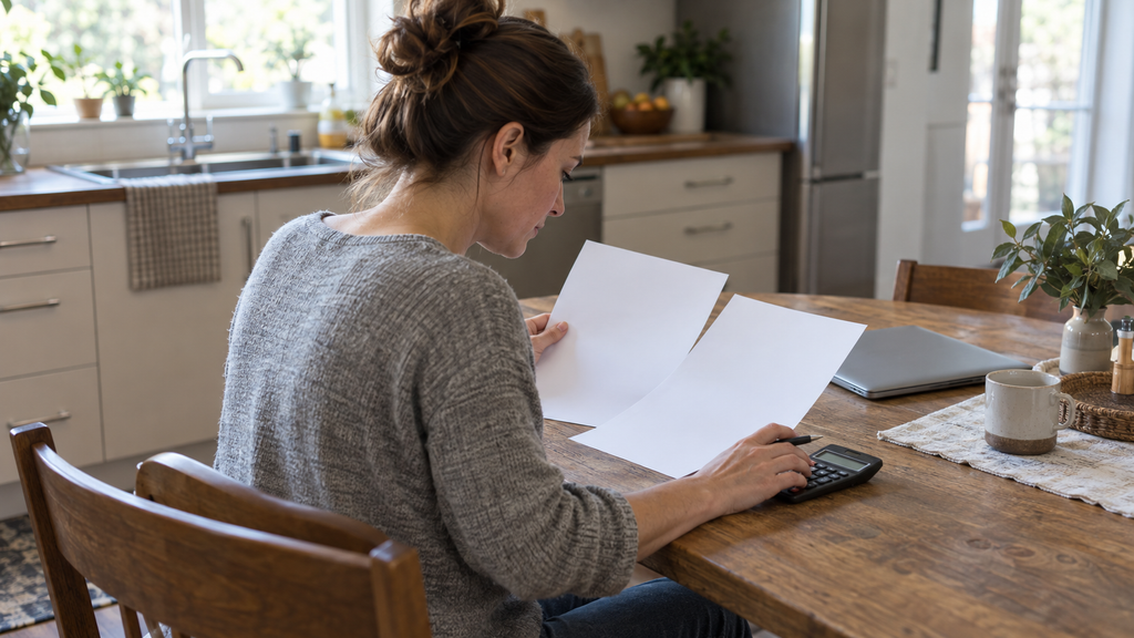 Woman comparing insurance paperwork and household costs at a kitchen table